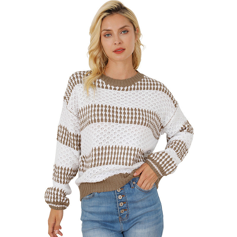 European And American Casual Loose Round Neck Contrast Color Knitwear