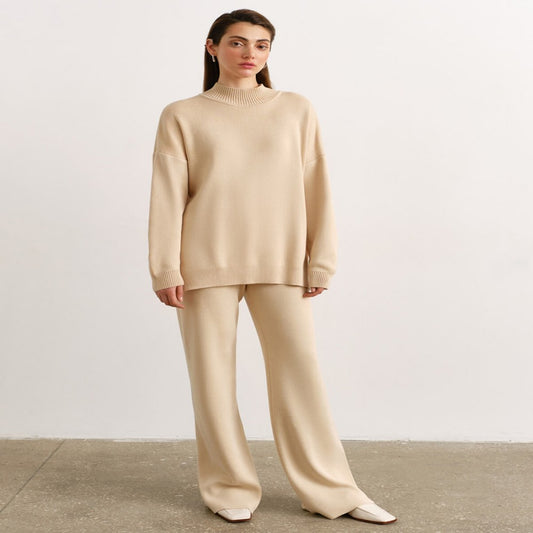 Women's Solid Color Knitted Turtleneck Slit Sweater Suit