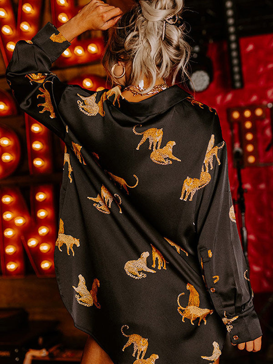 Herbst einfarbiger Satin-Langarm-Cardigan, dünnes, personalisiertes Animal-Print-Shirt für Frauen