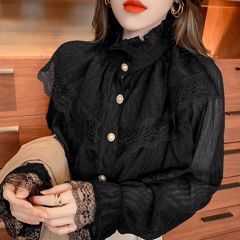 Chic Button Temperament Western Style Lace Shirt Women