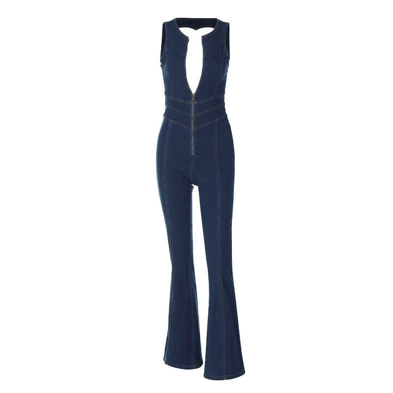 Schlanker und dünner Jeans-Overall im Retro-Stil mit hoher Taille für Damen