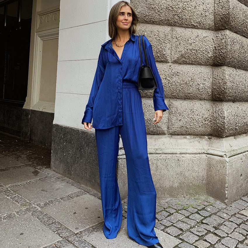 Conjunto de dos piezas de camisa y pantalón azul Dinklein para mujer