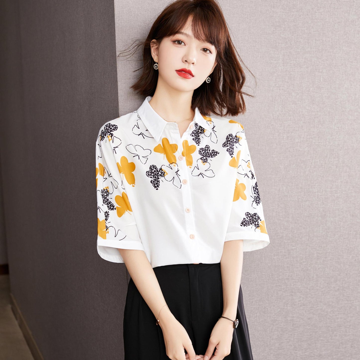 Women's Printed Top Short Sleeve Chiffon Shirt