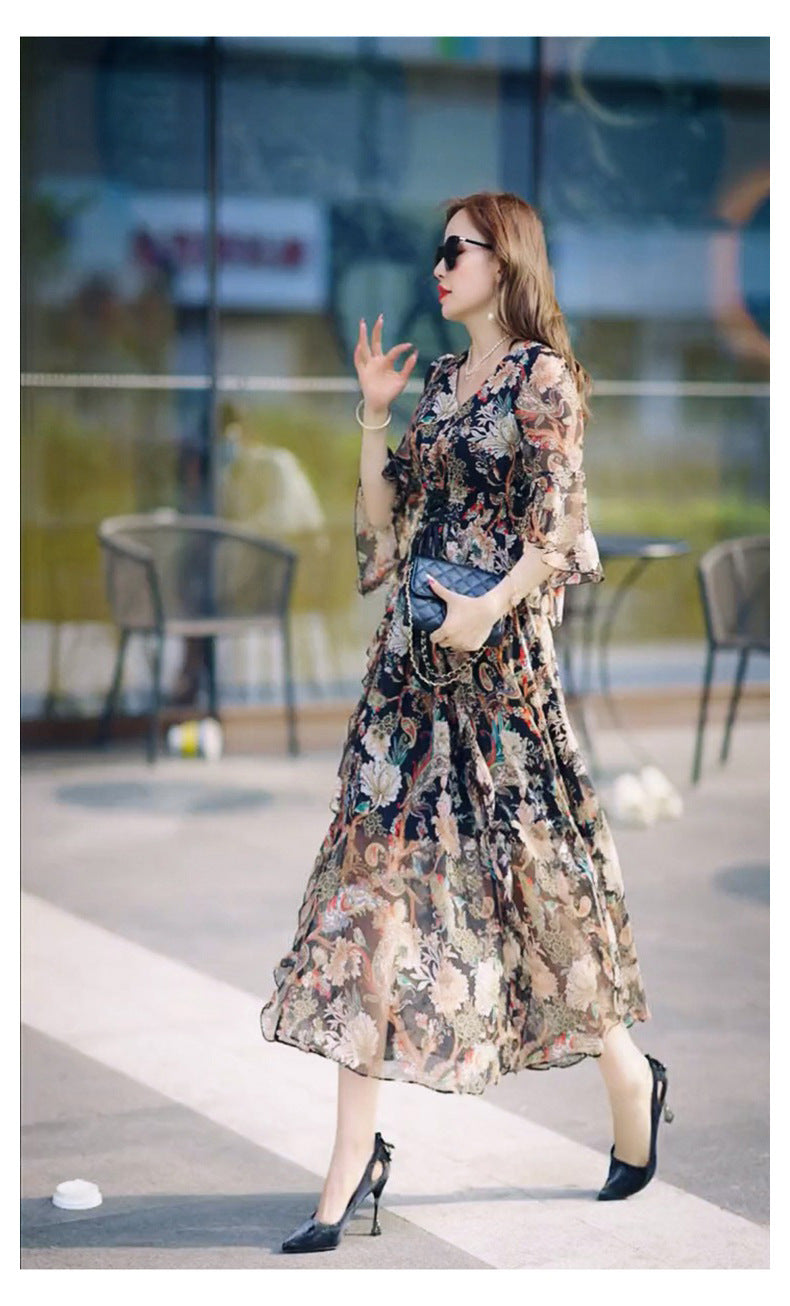 Vestido Mujer Reducción de Edad Escote en V Floral