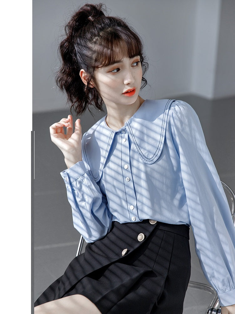 Doll Collar Blue Shirt Women's Long Sleeve Design Sense