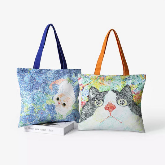 Bolso de hombro con ilustración de gato, bolso de lona de gran capacidad