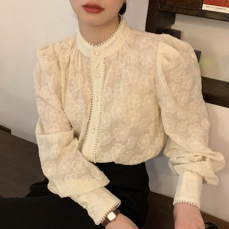 Elegant Stand Neck Patchwork Pearl Embellishment Shirt