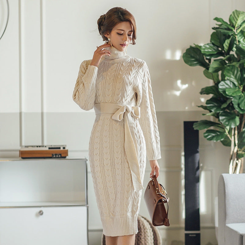 High Collar Twist Lace-up Waist Mid-length Sweater Dress