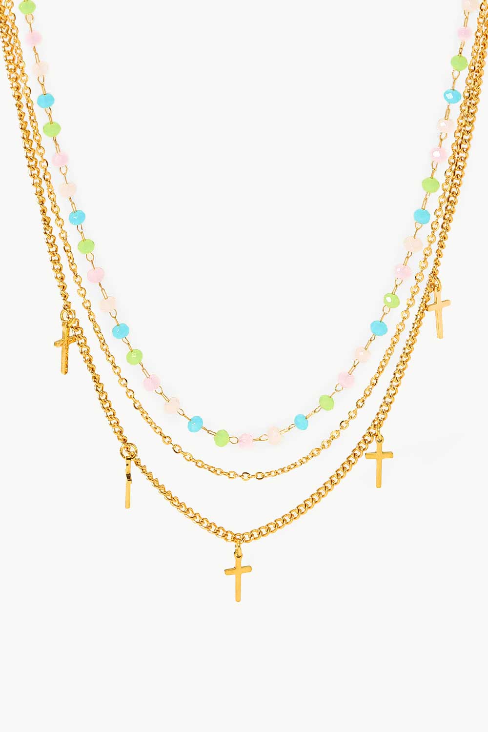 Dreilagige Halskette mit 18 Karat vergoldetem Kreuzanhänger