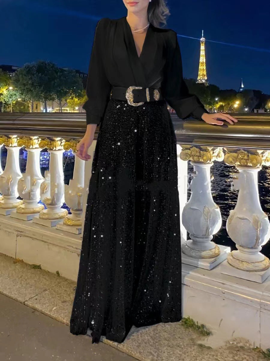 Women's Solid Color Fashion V-neck Long Sleeve Shirt Sequined Wide-leg Pants