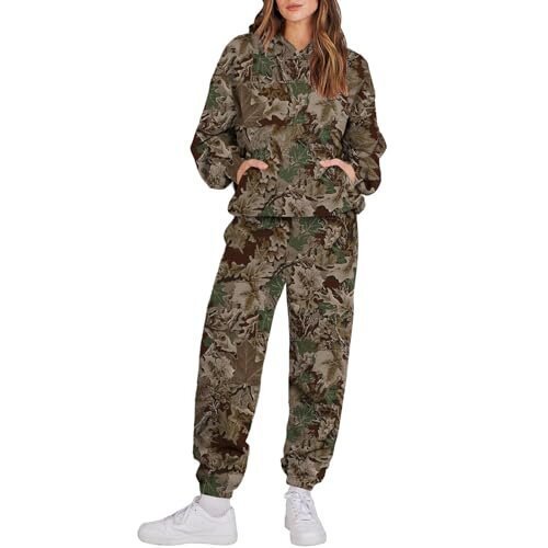 Damen 3 Camouflage Leaves Sports Kapuzenpullover mit langen Ärmeln und Jogginghose im Set