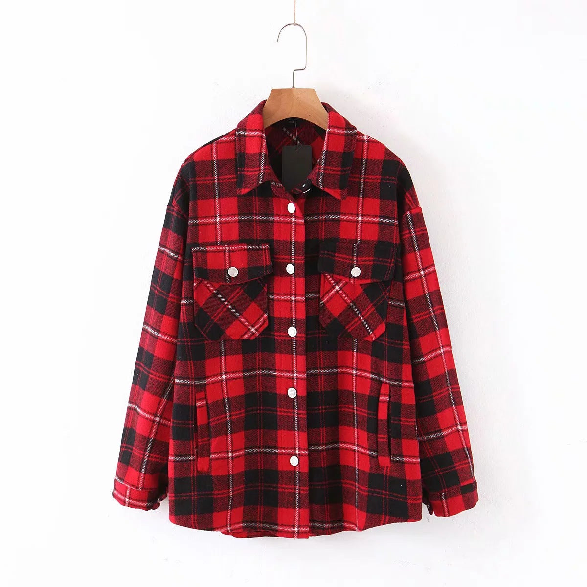 Casual Plaid Shirt Frauen Tweed Mantel Knöpfe Taschen Weibliche Jacke