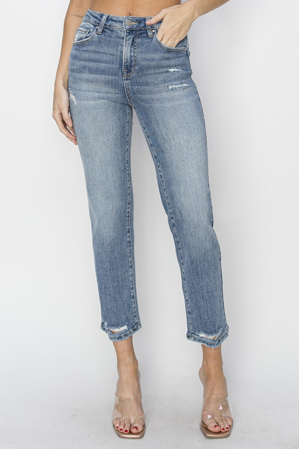 RISEN Distressed-Cropped-Jeans in voller Größe mit hoher Taille