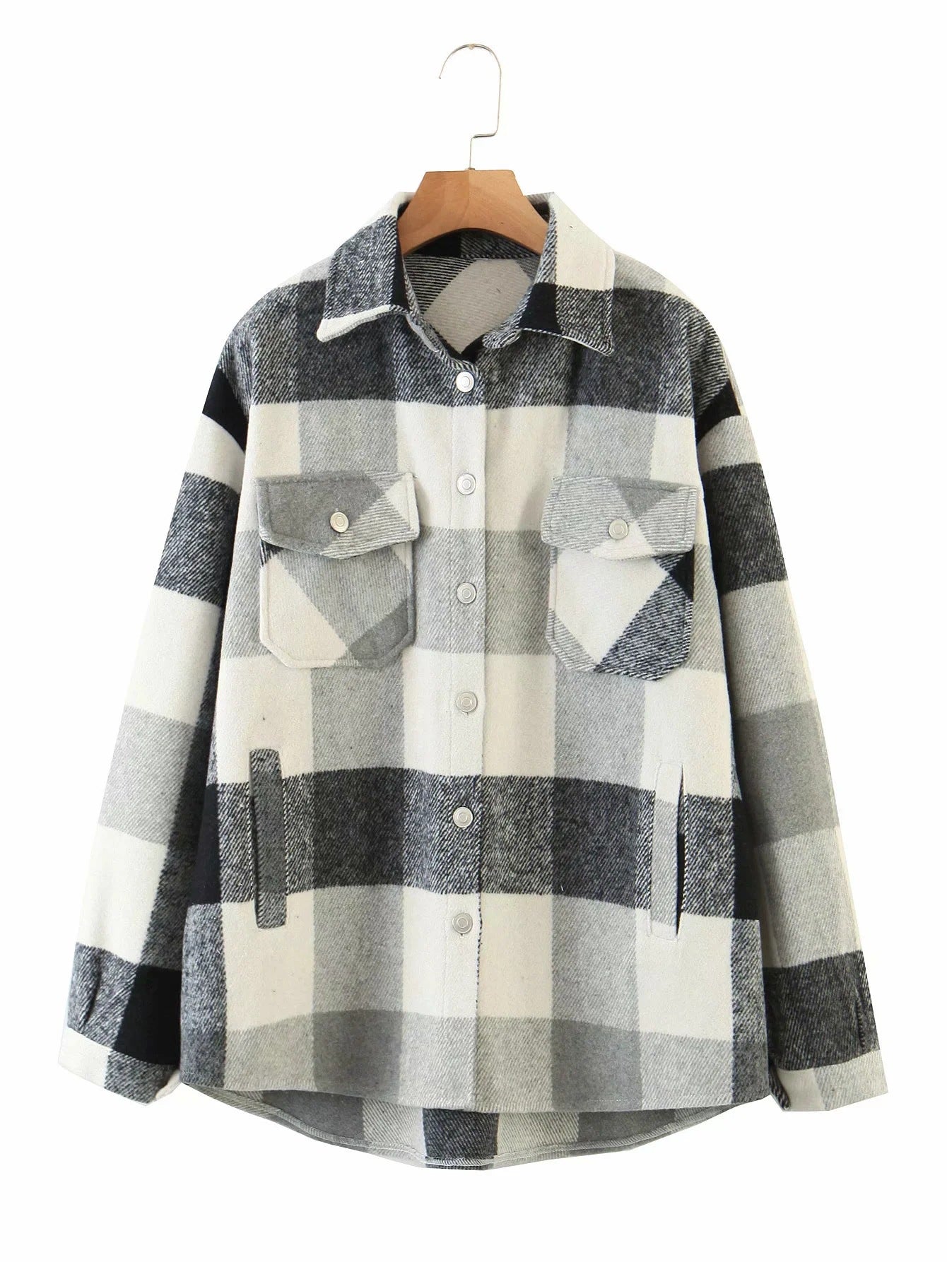 Casual Plaid Shirt Frauen Tweed Mantel Knöpfe Taschen Weibliche Jacke