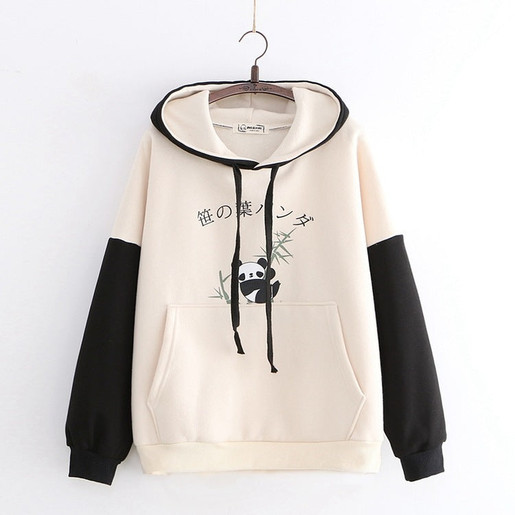 College Style Cute Cartoon Panda Contrast Color Loose Sweater