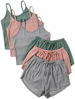 Women's Rib Knitted Crop-top Spaghetti-strap Lace-up Shorts Suit