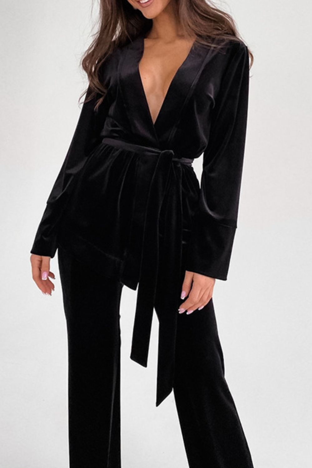 Tie Front Long Sleeve Top and Pants Set