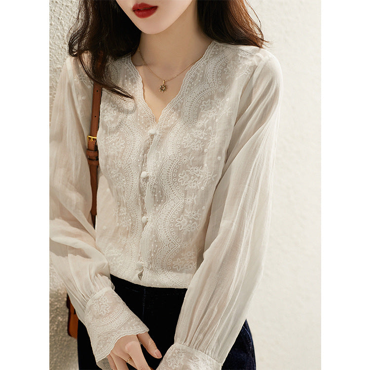 Fashion New V-neck Retro Cotton And Linen Inner And Outer Wear Shirt Women