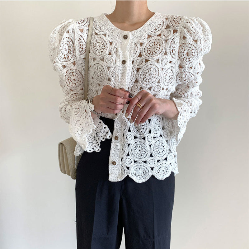 Women's Crocheted Casual Puff Sleeve Sweater