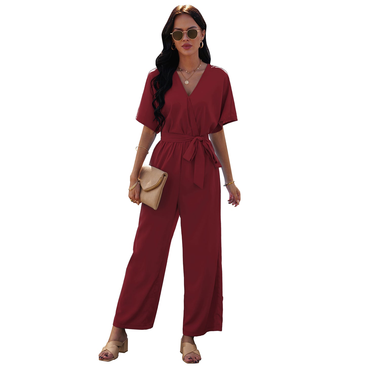 European And American V-neck Women's Tie Waist Solid Color Jumpsuit