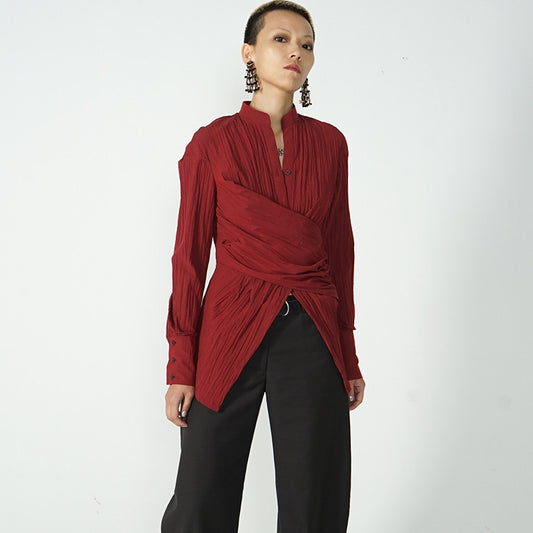 Women's Wrinkled Irregular Waist V-neck Long-sleeved Shirt