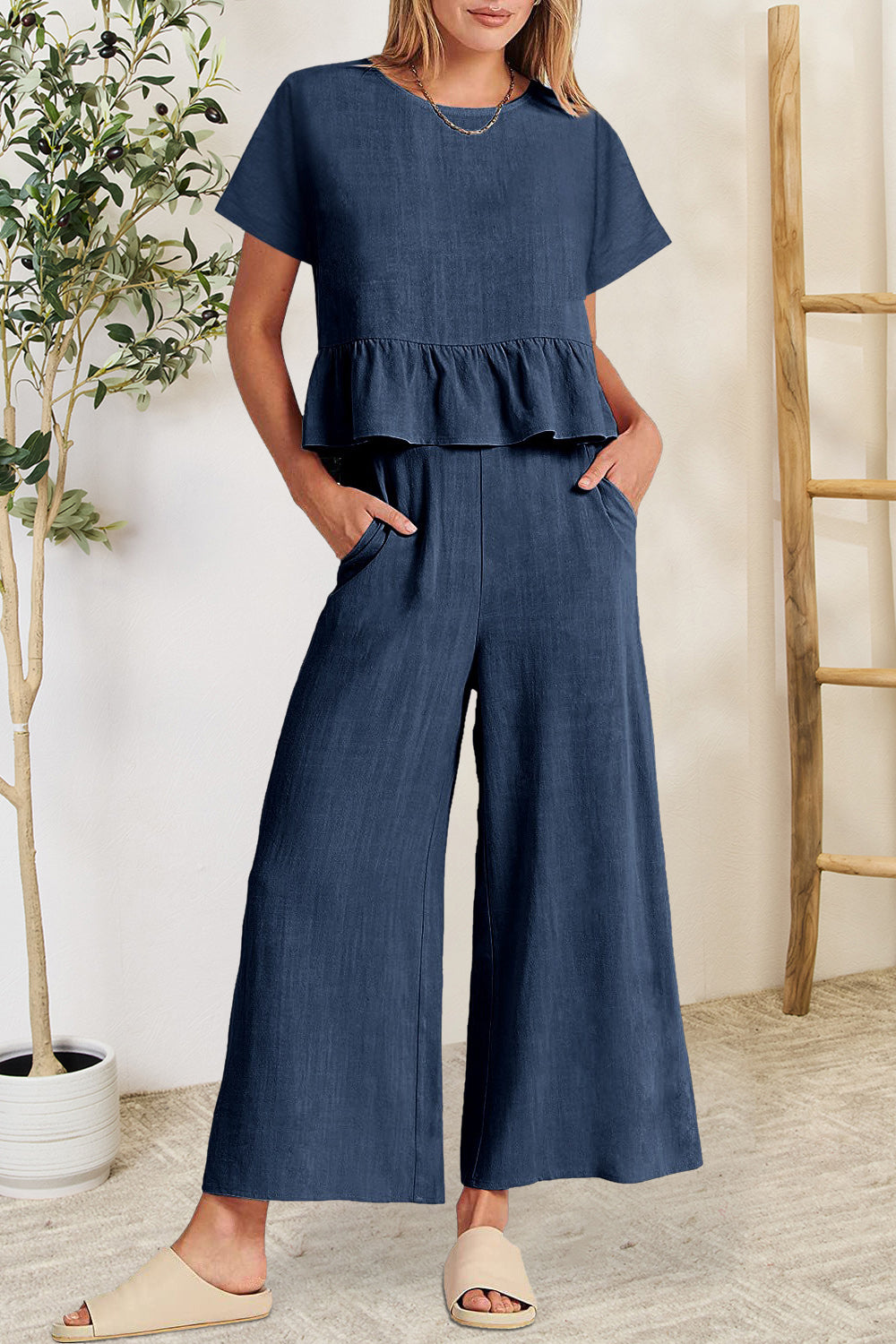 Peplum Round Neck Short Sleeve Top and Pants Set