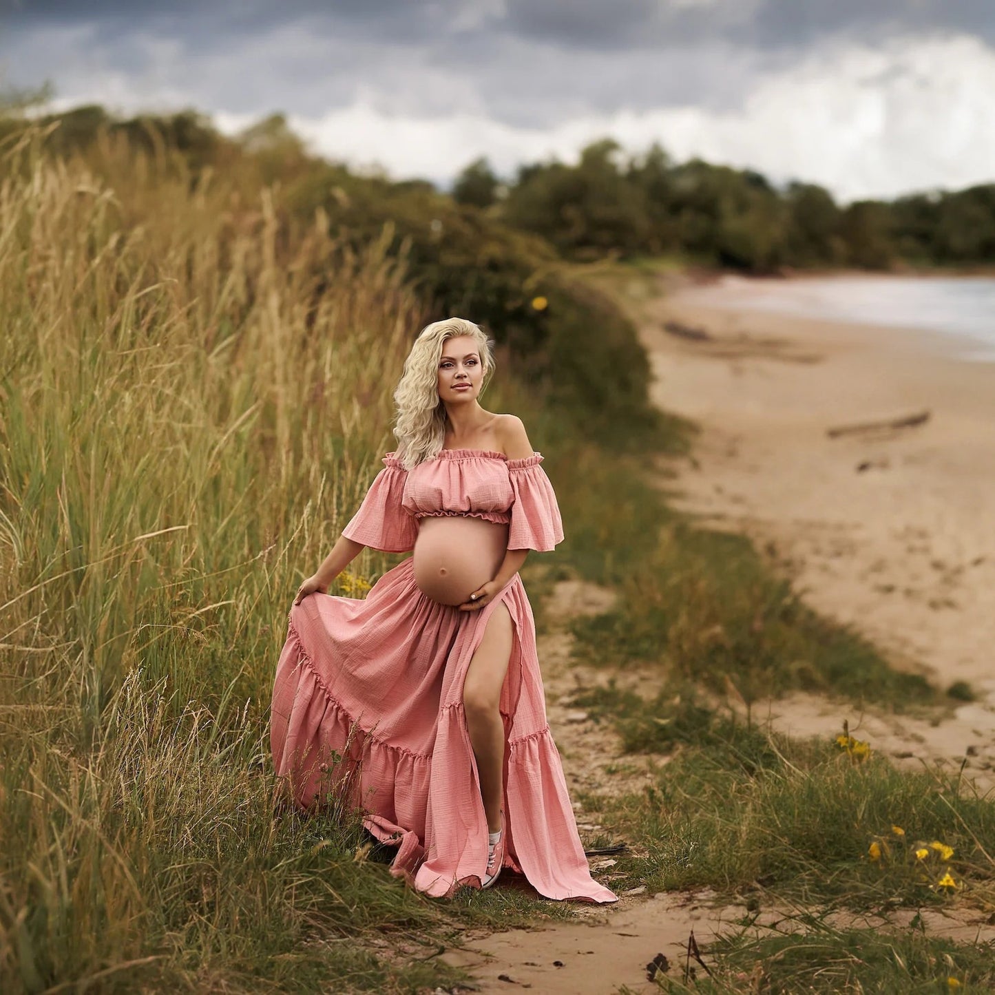 Traje de falda larga de algodón estilo bohemio traje de falda de fotografía dos en uno sin cuello