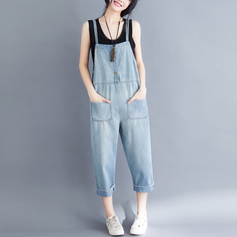 Women's Loose Large Size Jumpsuit Cropped Denim Overalls