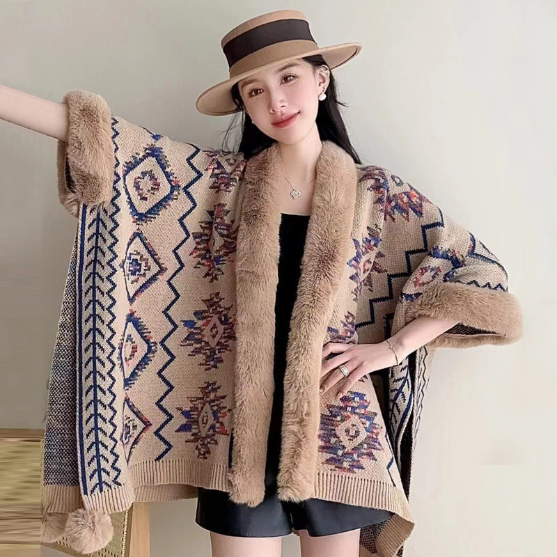 Ethnic Style Fur Ball Shawl Cape Cloak