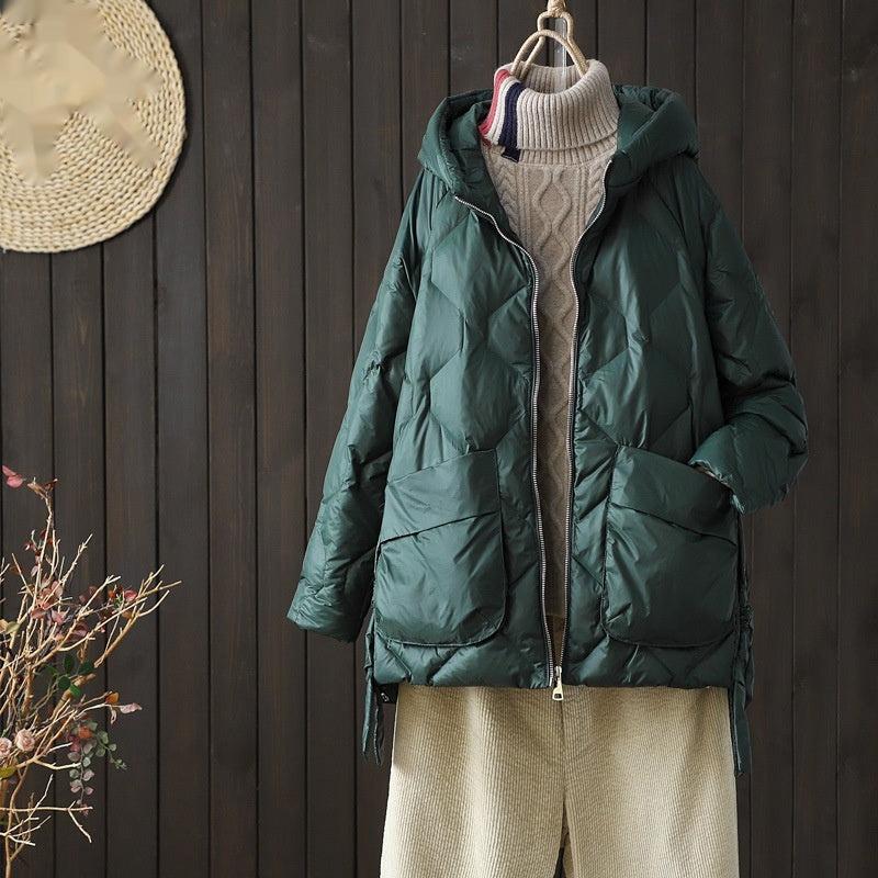 Casual Mid-length Drawstring Cinched Hoodie Down Jacket