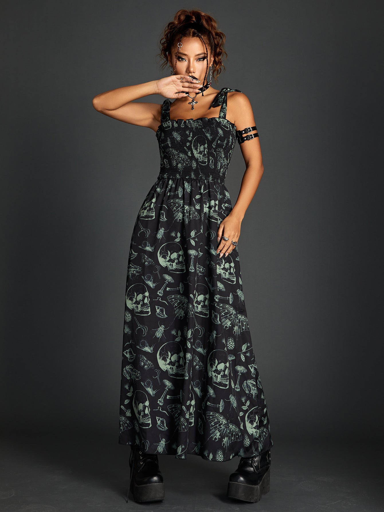 Dark Printing Smocking Lace-up Tube Top Dress