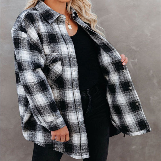 European And American Women's Plaid Mid-length Loose Lapel Cardigan Shirt