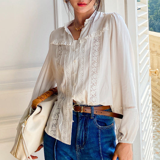 Camisa francesa sencilla y fina de manga larga para mujer