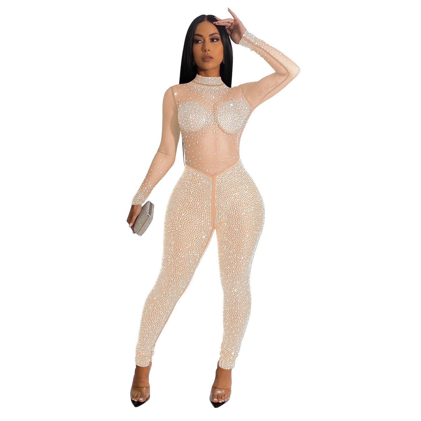 Mode Damen Pure Color Mesh Hot Drilling Langarm-Overall