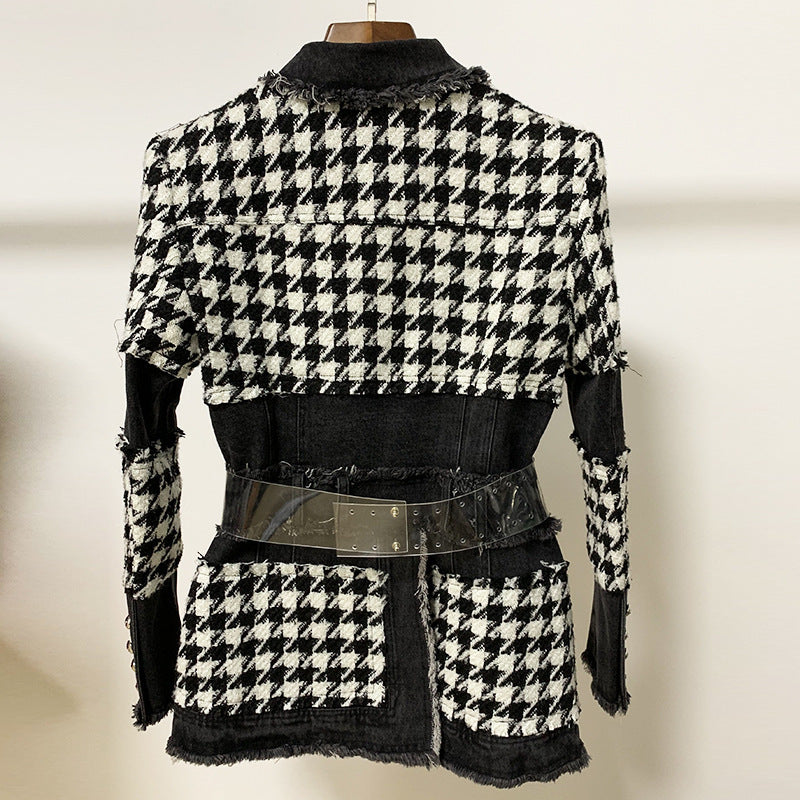 Fashion Trend Tweed Houndstooth Denim Stitching West Assembly Belt