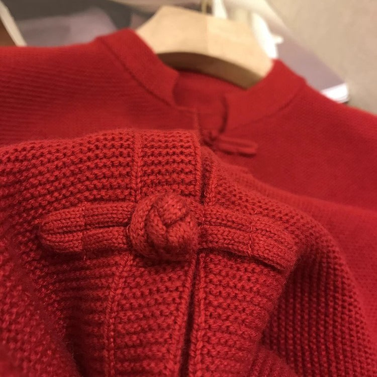 Chinesischer roter neuer Strickjackenpullover mit Schnalle im chinesischen Stil für Frauen