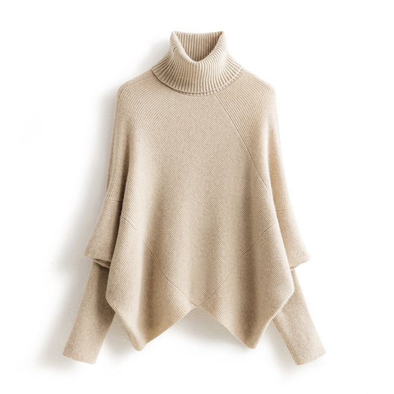 Fashionable Sleeve Knitted Cashmere Bat Turtleneck Pullover