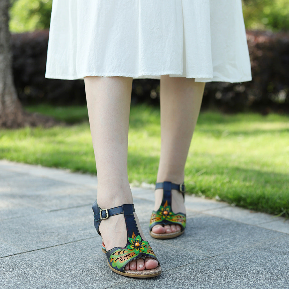 Sandalias de tacón alto con tacón de copa de vino cómodas con tacón de arcoíris de color retro frotado a mano de cuero genuino