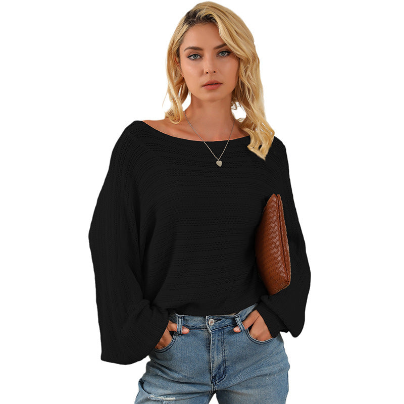 Textured Lantern Sleeve Off-neck Sweater Loose Pullover Sweater