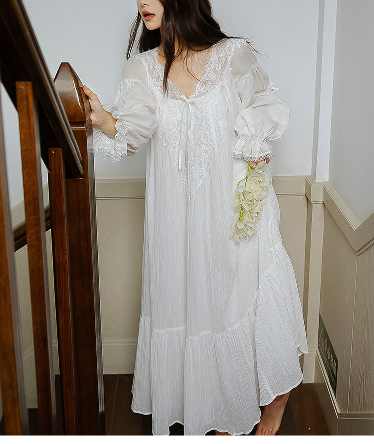 Damen-Morgenkleid, Frühlings- und Herbst-Pyjama-Kleid aus Baumwolle mit langen Ärmeln und Spitze