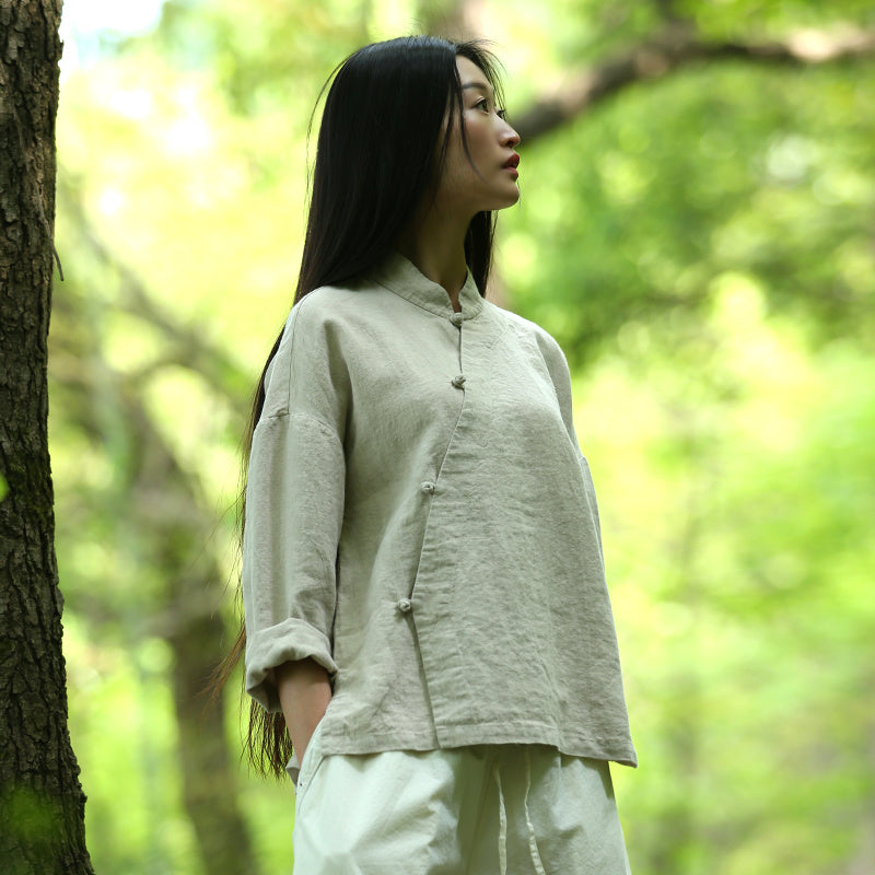 Hemp Plain Buttoned Top High Quality Retro Chinese Style Zen Tea Clothes Women