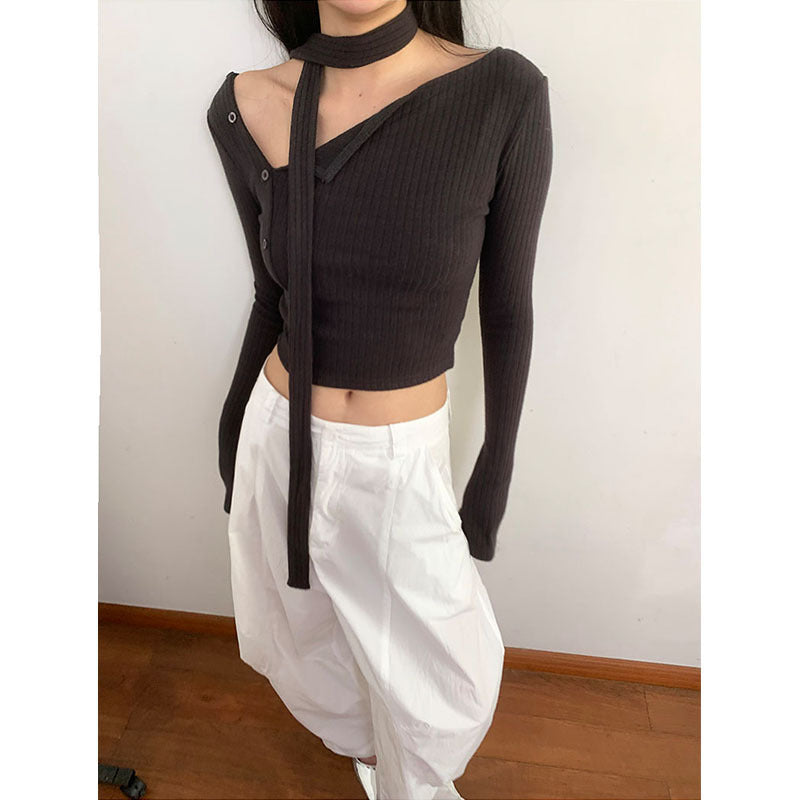 Fashionable Sunken Stripe Diagonal Buckle Design Korean Style Irregular With Personality Top Sweater