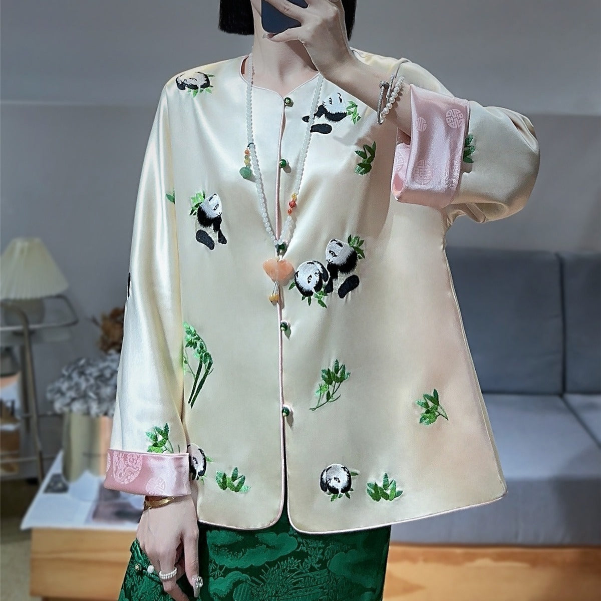 Women's Fashion Color Contrast Embroidered Panda Coat Top