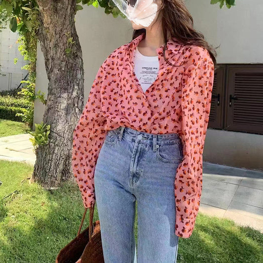 Camisa de manga larga con solapa floral linda y dulce Mujer