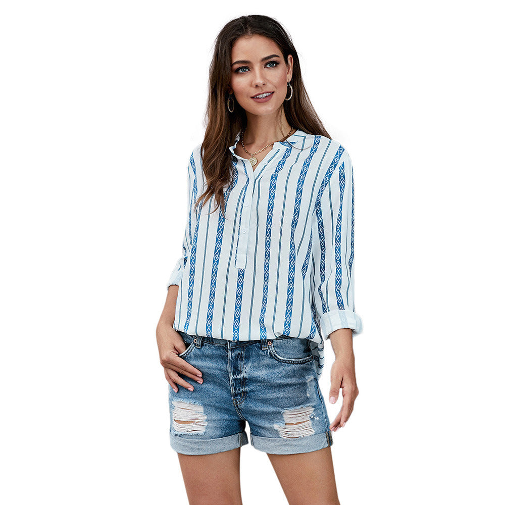 Women's New Style V-Neck Striped Shirt Loose Pullover Top