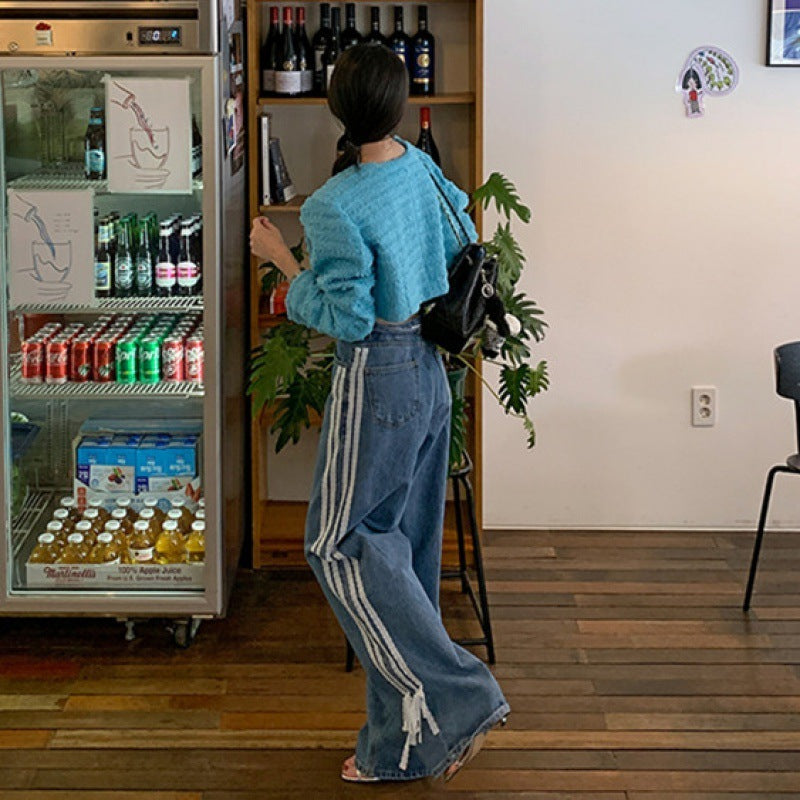 Lockere Jeans mit hoher Taille und Spitzenschleifennähten