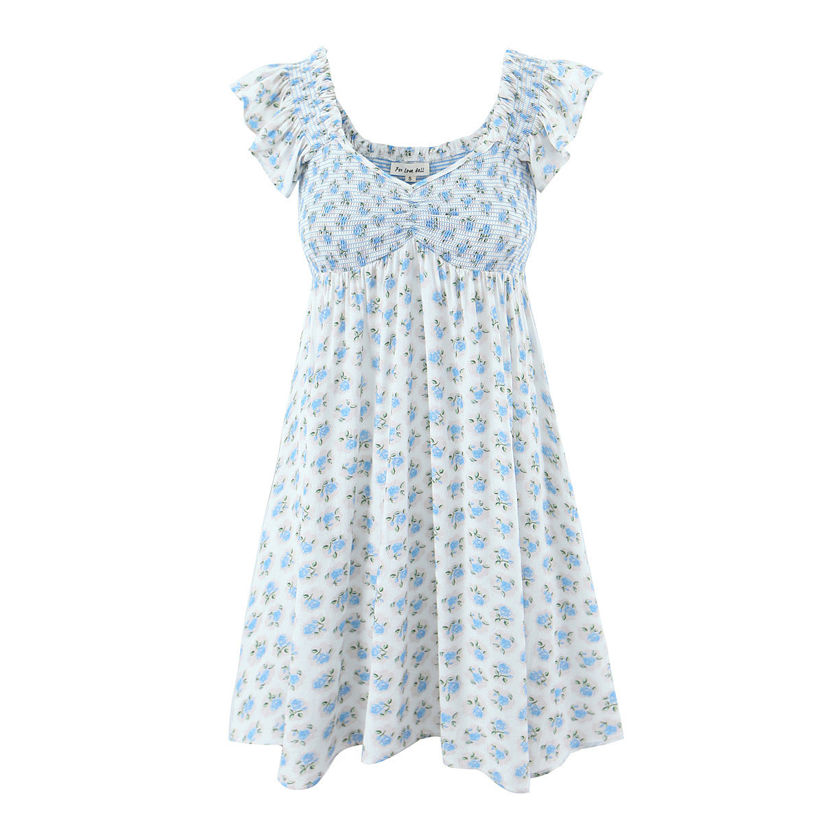 French Vacation Style Small Blue Flowers Elastic Loose Dress