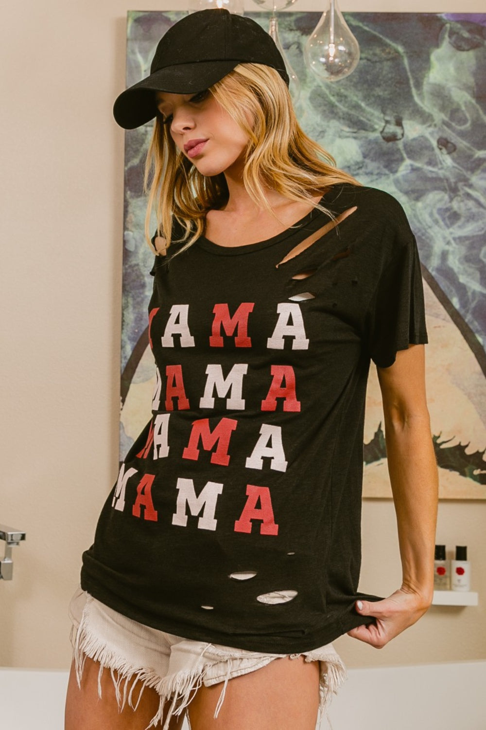 BiBi MAMA Camiseta de manga corta con gráfico desgastado