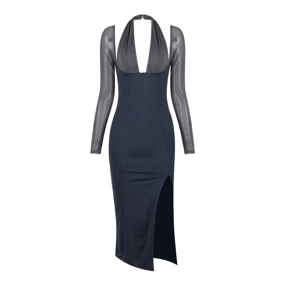 Modisches Damen-Mesh-Kleid mit langen Ärmeln und tiefem V-Ausschnitt