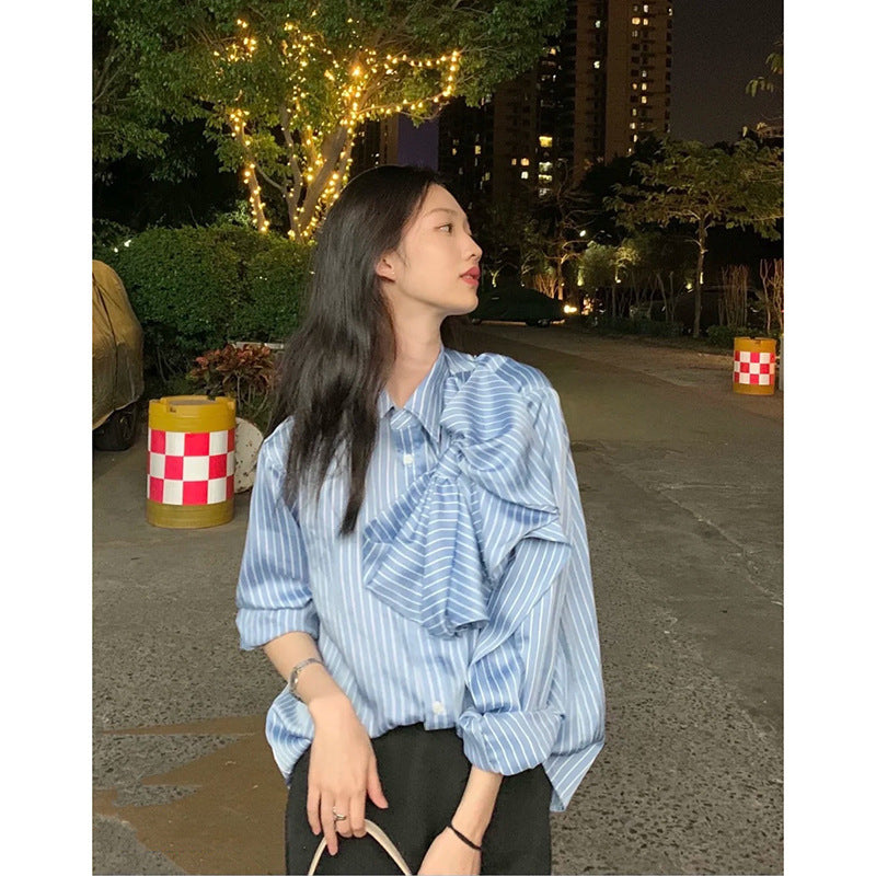 Casual Blau Gestreiften Shirts Für Frauen Revers Langarm Koreanische Bowknot Patchwork